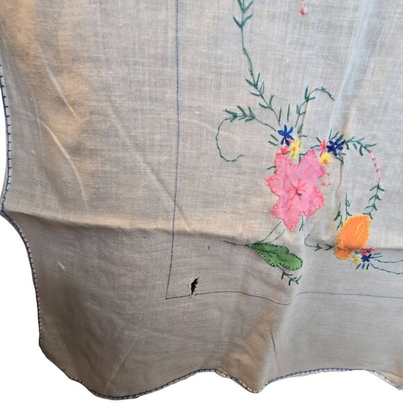 Vintage Embroidered Linen Tablecloth & Napkins Set With Floral Design JJ3968 - Picture 3 of 10